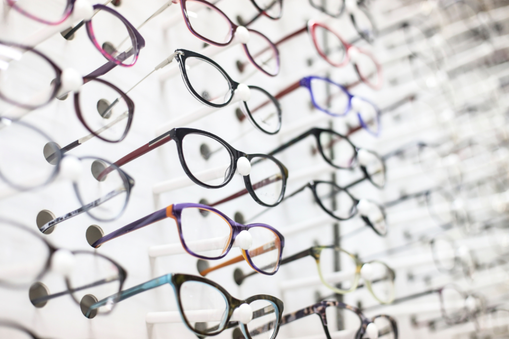 A display wall of eye glasses